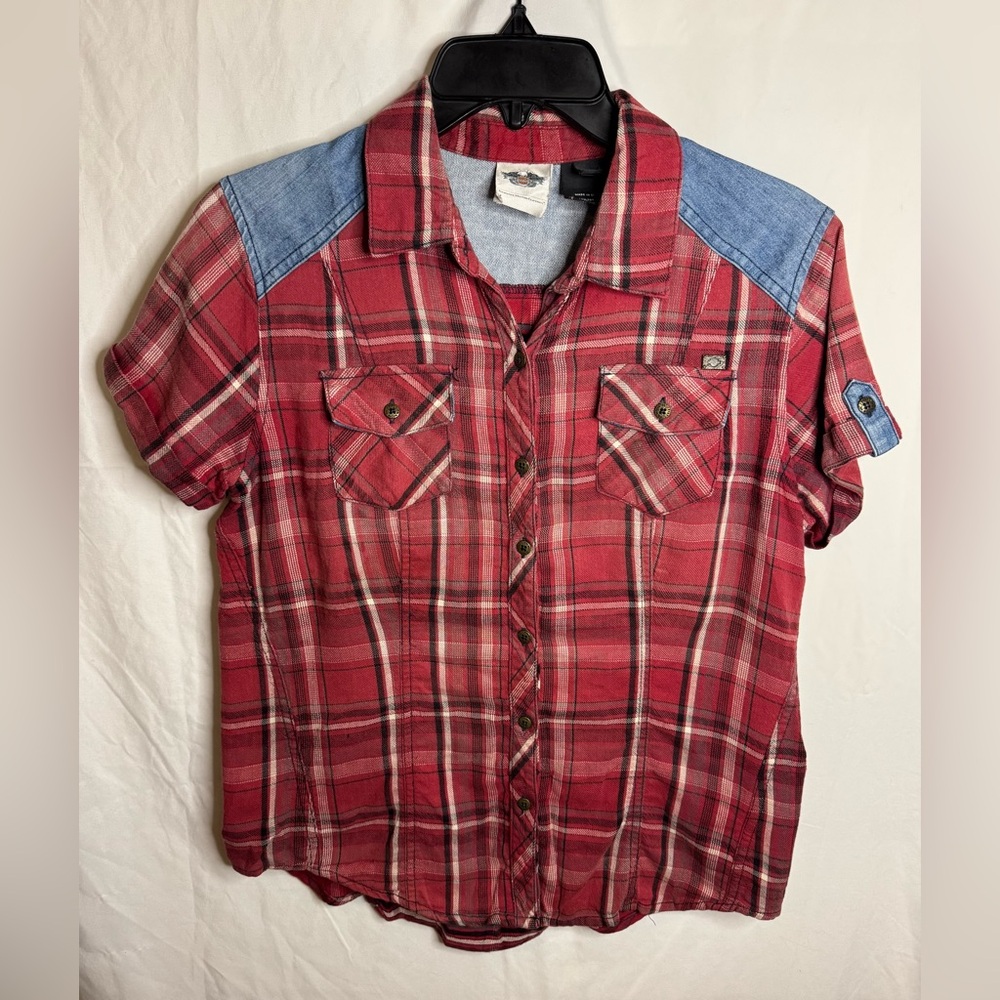 Harley Davidson, Women's Medium, Button-Up Graphic, Red Plaid Flannel